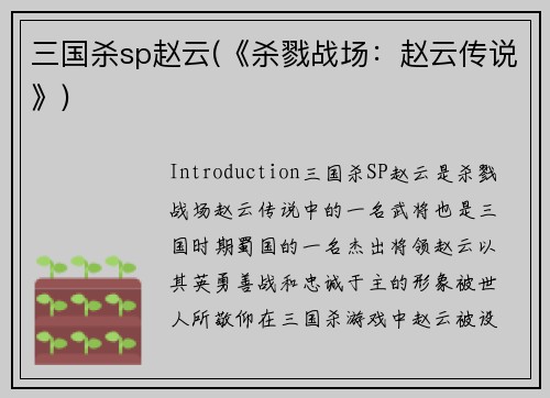 三国杀sp赵云(《杀戮战场：赵云传说》)